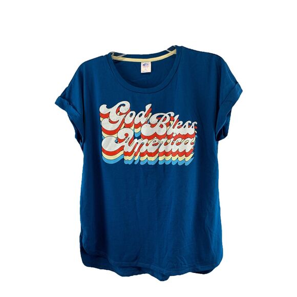 Womens T-Shirt Size Medium Blue God Bless America Graphic Shirt Made in the USA - Picture 1 of 9